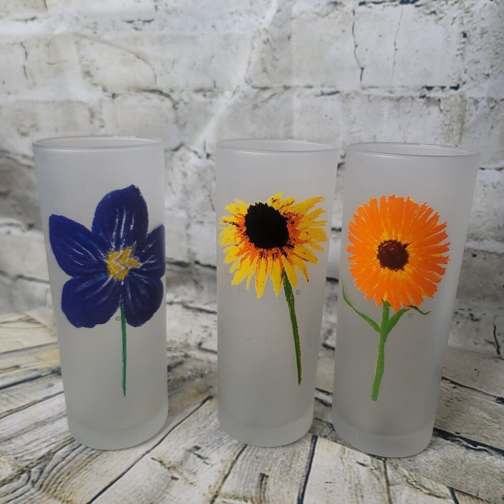 Dartington Designs Floral Hi-Ball Frosted Glass Tumblers Set of 3 France MCM